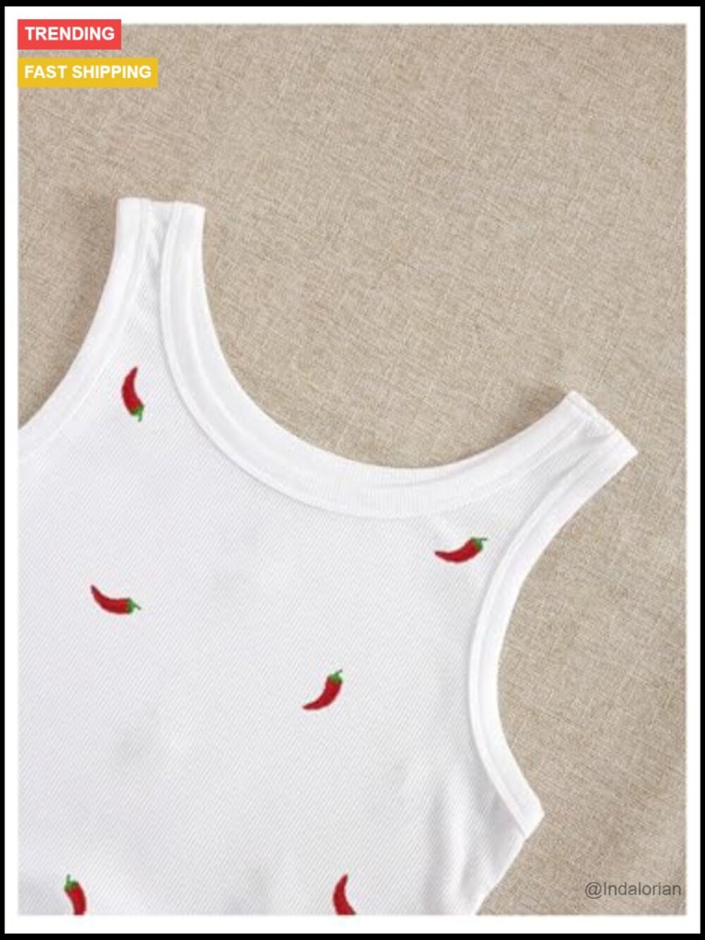 Embroidered Ribbed Crop Tank Top - Sleeveless Crewneck Summer Top - Picture 4 of 5